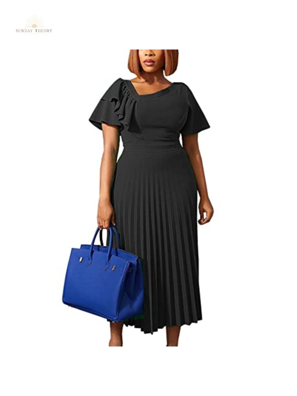 Women's Short Sleeve Asymmetrical Ruffles High Waist Pleated Midi Dress
